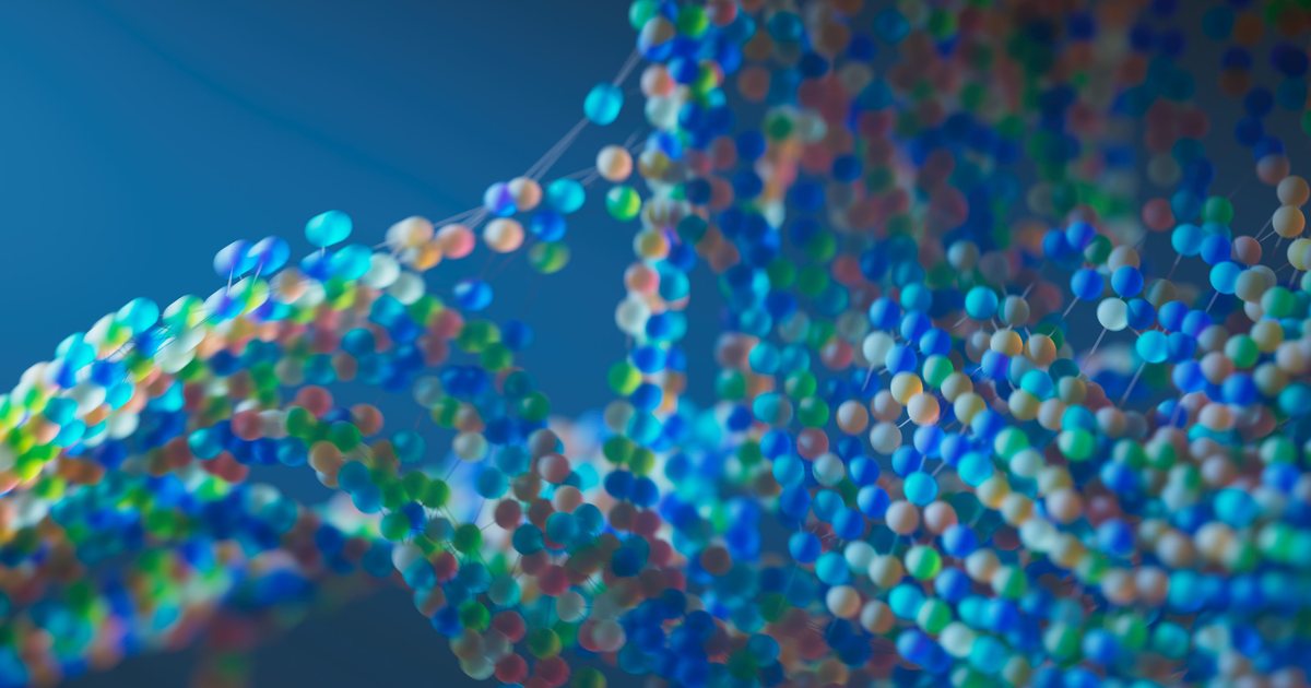 Estructura abstracta de esferas de colores interconectadas por hilos, representando una red de datos